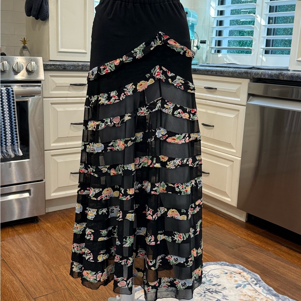 Free People Sheer Black Floral Ruffled Summer Asymmetrical Skirt Small